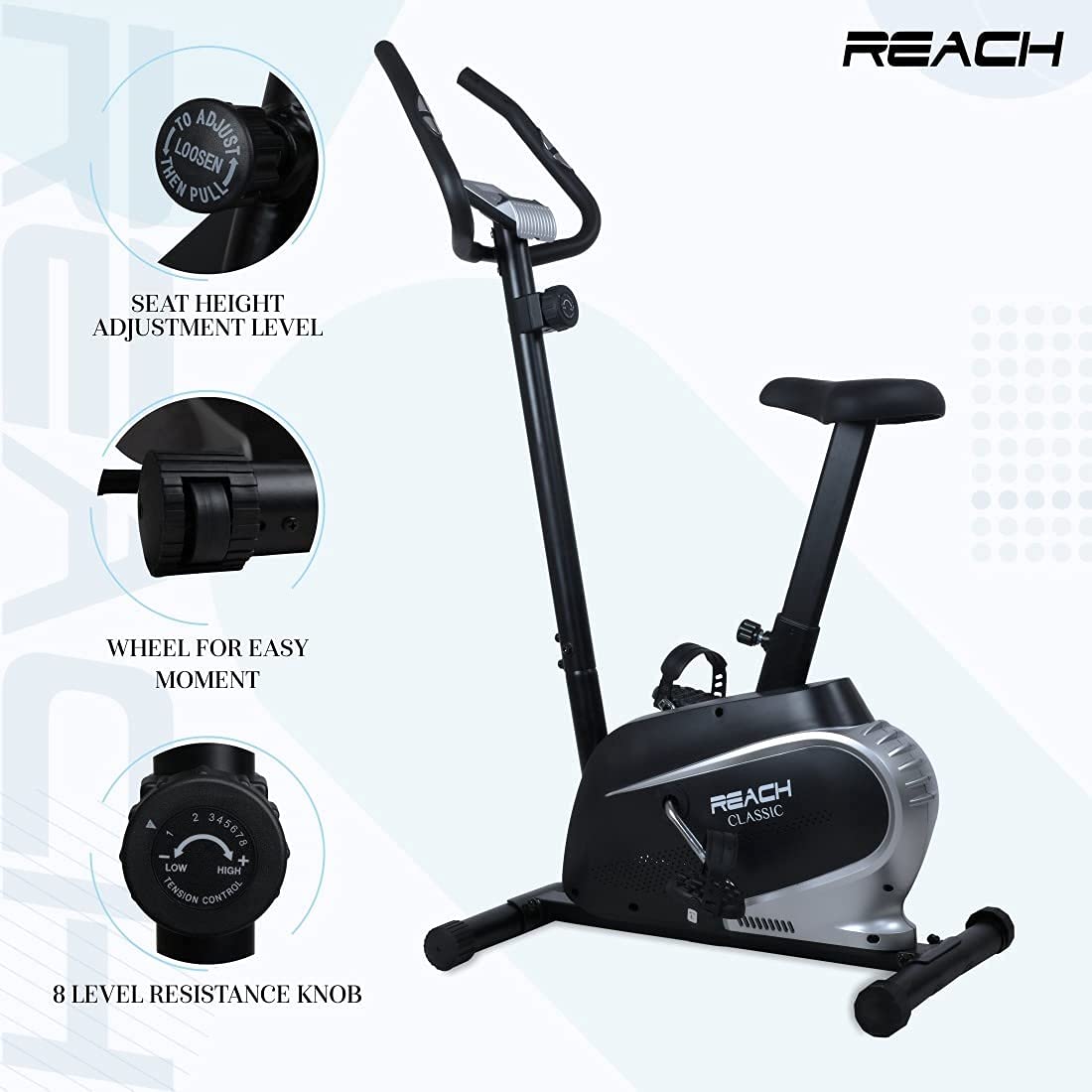 Reach B-201 Smart Exercise Cycle with 4kg Flywheel | Indoor Upright Stationary Bike | 8 Levels of Adjustable Magnetic Resistance with Cushioned Seat | LCD Screen | Max User Weight 110kg