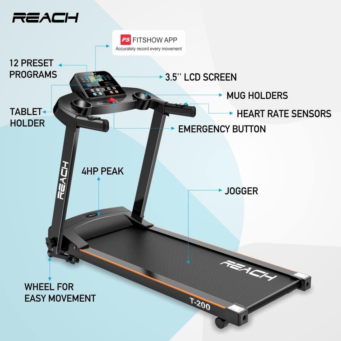 Reach T-200 4 HP Peak | Motorized Treadmill with Manual Incline for Home fitness Jogging Running and Cardio Training | LCD Display with 12 Preset Workouts Exercise Machine | Max User Weight 100 kgs 12 Km/hr